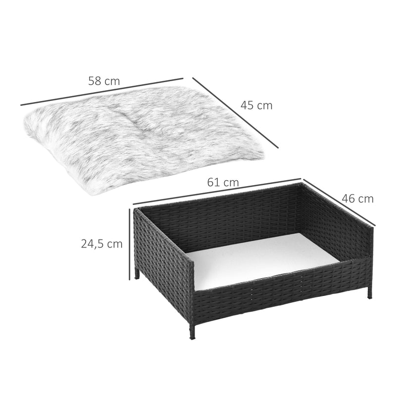 Sofá Cama para Cães de Vime Cama Elevada para Gatos Retangular com Almofada Suave e Lavável para Interior e Exterior 61x46x24,5cm Preto