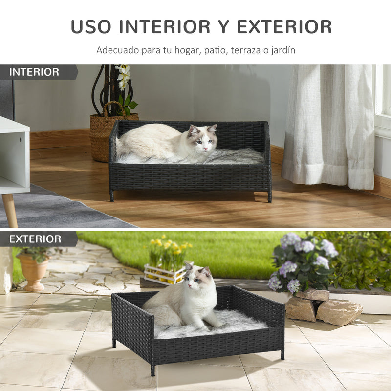 Sofá Cama para Cães de Vime Cama Elevada para Gatos Retangular com Almofada Suave e Lavável para Interior e Exterior 61x46x24,5cm Preto