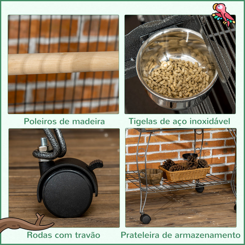 Gaiola para Pássaros Gaiola de Metal para Aves com 2 Portas Poleiros Bandeja Amovível e 4 Rodas 80x76,5x168 cm Cinza Escuro