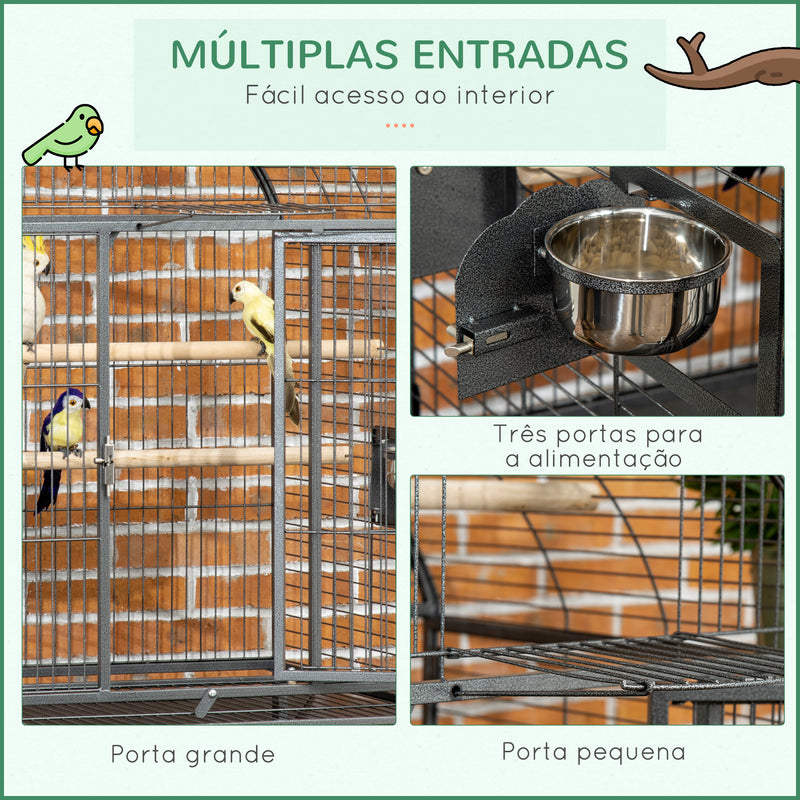 Gaiola para Pássaros Gaiola de Metal para Aves com 2 Portas Poleiros Bandeja Amovível e 4 Rodas 80x76,5x168 cm Cinza Escuro