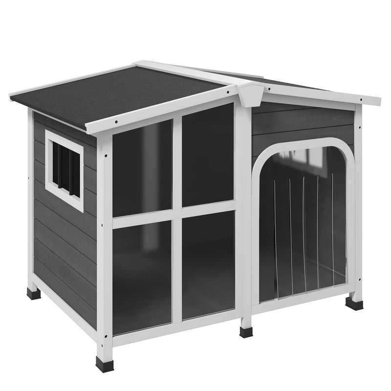 Casa para Cães de Madeira 101x66,5x70,5cm Casa para Animais de Estimação com Teto Abatível Frontal de Acrílico Porta com Cortina e Fundo Amovível Cinza Escuro