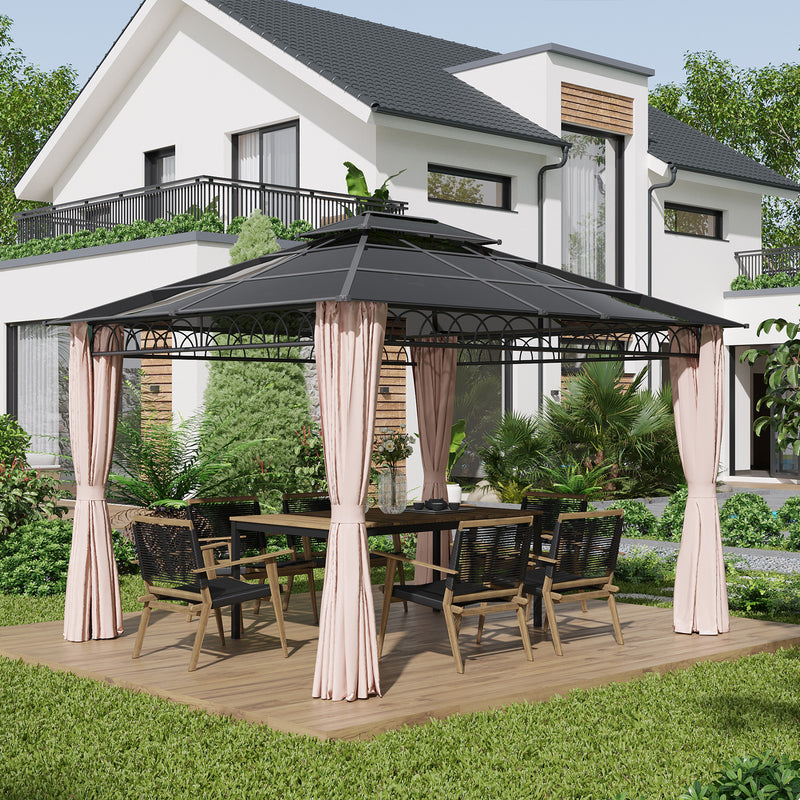 Pérgola de Jardim 3,6x3m Pérgola de Exterior com Teto Duplo de Policarbonato 4 Cortinas Laterais Mosquiteiras com Zíper e Estrutura de Alumínio para Pátio Festas Preto Cinza e Cáqui