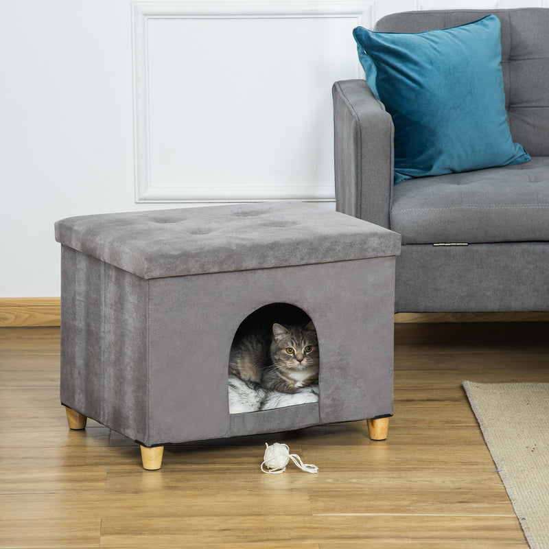 Caverna para Gatos Dobrável 2 em 1 Banco para Apoio dos Pés com Tampa Removível Orifício de Entrada Almofada Lavável e Pés Elevados de Madeira para Interior 60x45x44,5cm Cinza