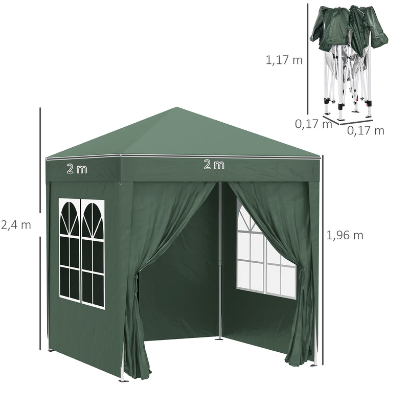 Tenda Dobrável 2x2 m Tenda de Jardim com 4 Paredes Laterais Tecido Oxford 2 Portas 2 Janelas e Bolsa de Transporte para Exterior Terraço Campismo Festas Verde