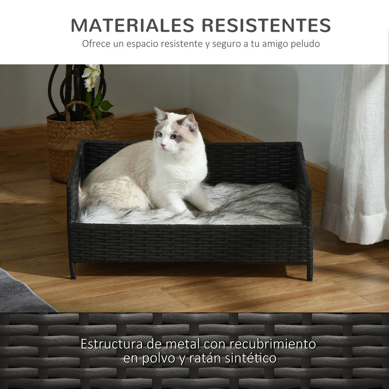 Sofá Cama para Cães de Vime Cama Elevada para Gatos Retangular com Almofada Suave e Lavável para Interior e Exterior 61x46x24,5cm Preto