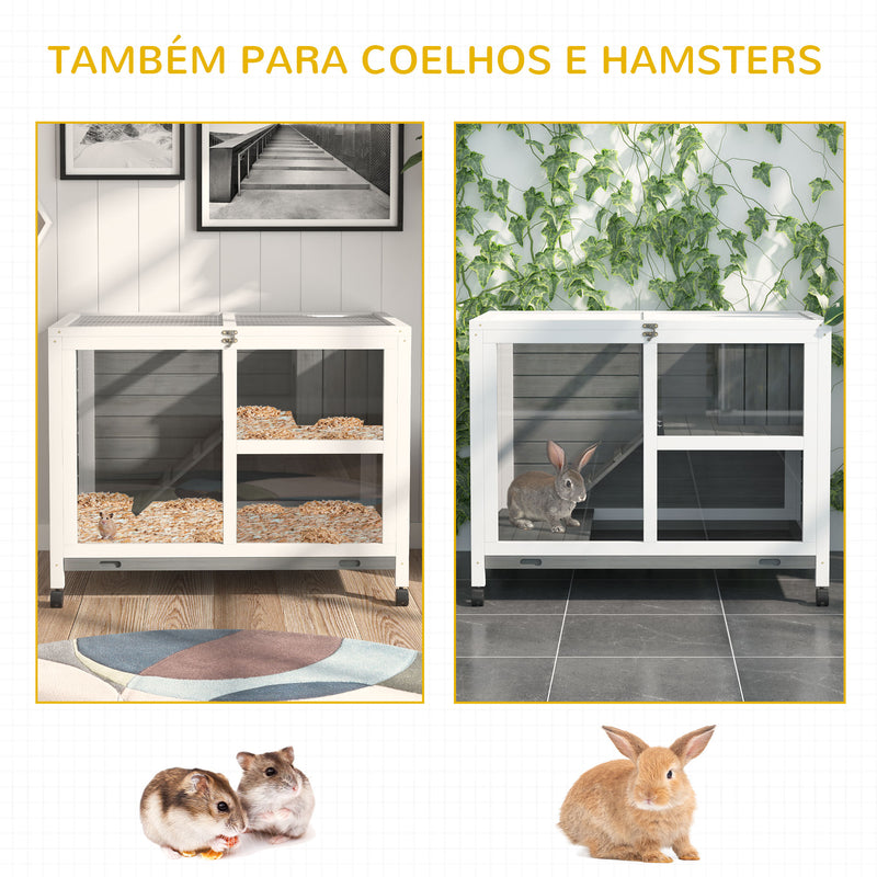 Coelheira de Madeira com Rodas 91,5x53,5x73cm Gaiola para Coelhos de 2 Níveis com Teto Abatível Bandeja Amovível e Rampa Cinza