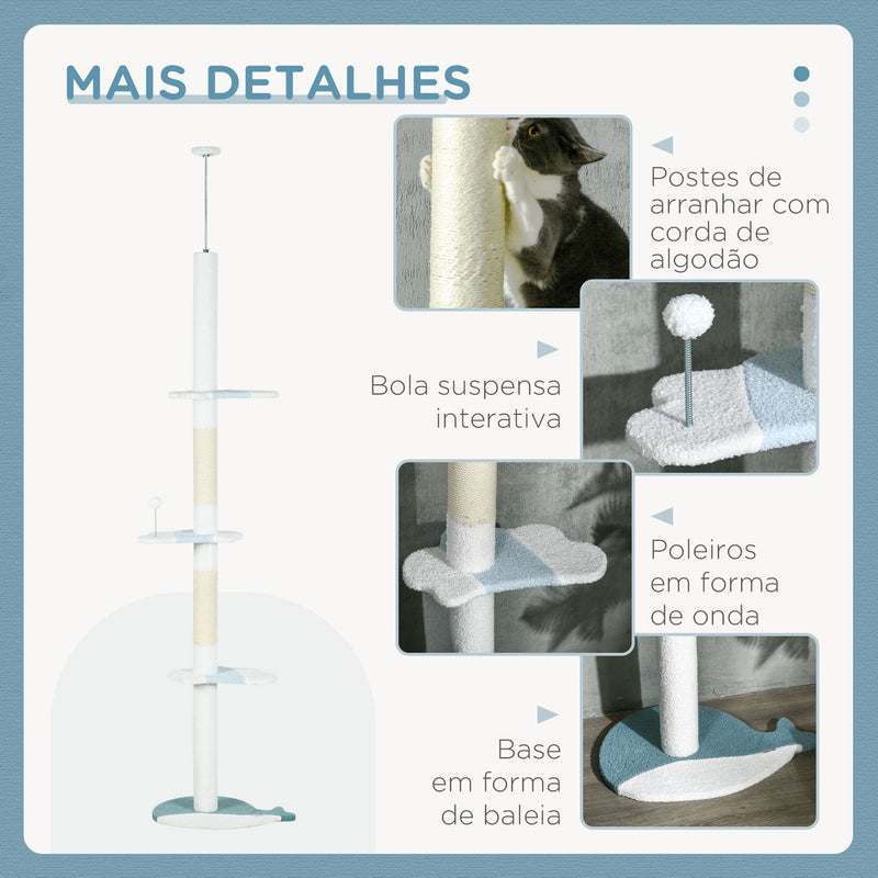 Arranhador para Gatos de 255 cm Torre para Gatos do Chão do Teto com Altura Ajustável 3 Plataformas em Forma de Onda Postes de Arranhar e 1 Bola 55x38x225-255 cm Branco