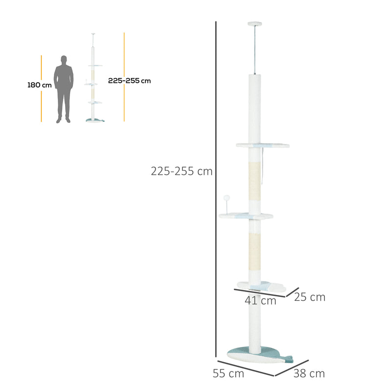 Arranhador para Gatos de 255 cm Torre para Gatos do Chão do Teto com Altura Ajustável 3 Plataformas em Forma de Onda Postes de Arranhar e 1 Bola 55x38x225-255 cm Branco