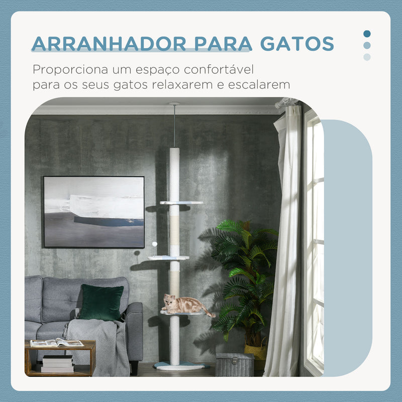 Arranhador para Gatos de 255 cm Torre para Gatos do Chão do Teto com Altura Ajustável 3 Plataformas em Forma de Onda Postes de Arranhar e 1 Bola 55x38x225-255 cm Branco