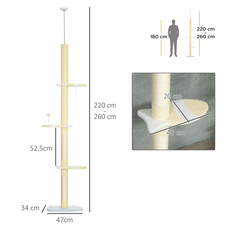 Árvore para Gatos do Chão ao Teto 220-260cm Altura Ajustável Torre para Gatos com 3 Plataformas Poste de Sisal e Bola para Brincar 47x34x220-260cm Creme