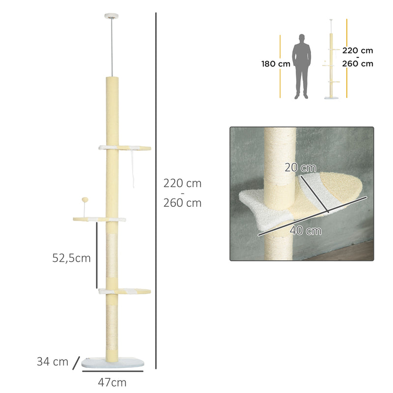 Árvore para Gatos do Chão ao Teto 220-260cm Altura Ajustável Torre para Gatos com 3 Plataformas Poste de Sisal e Bola para Brincar 47x34x220-260cm Creme