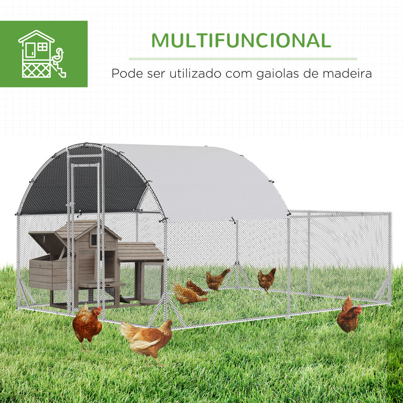 Galinheiro de Exterior Grande 380x280x195cm Gaiola para 10-12 Galinhas de Aço Galvanizado com 2 Ambientes Teto com Cobertura de Tecido e Cerca para Coelhos Patos Prata