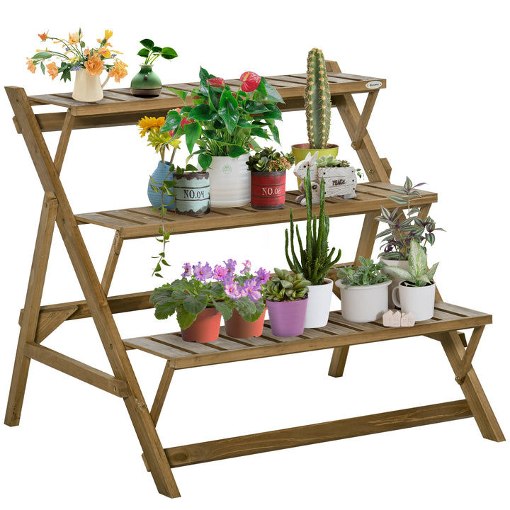 Suporte de Madeira para Plantas em Forma de Escada com 3 Prateleiras Dobrável Suporte de Vasos de Plantas para Decoração de Interiores e Exteriores 101x83x88cm Marrom