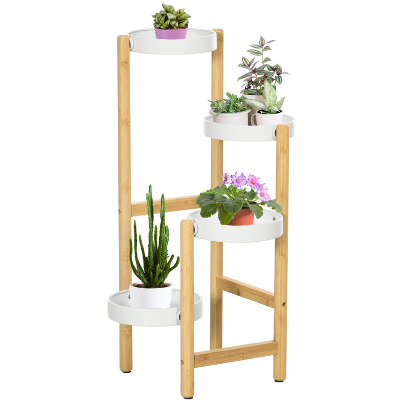 Suporte para Plantas Prateleira para Plantas com Pés de Bambu Estante para Flores com 4 Prateleiras Redondas Carga Máxima 20 kg para Interior e Exterior Ø28x80 cm Madeira e Branco