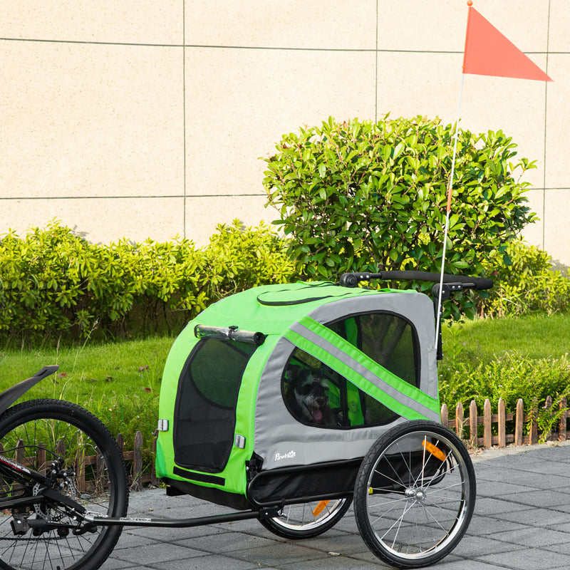 Reboque de Bicicleta para Cães 2 em 1 Transporte para Animais de Estimação com Porta Enrolável Janelas Cinto de Segurança Bandeira e 6 Refletores 134x73x108cm Verde