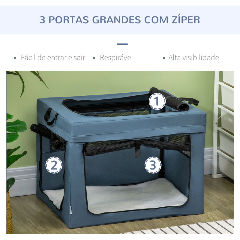 Transportadora para Cães e Gatos Bolsa Portátil e Dobrável para Animais de Estimação Transportadora com 3 Portas e Almofada Suave 69x51x51cm Azul