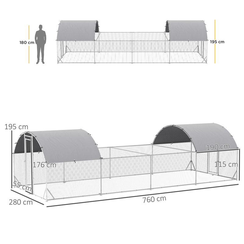 Galinheiro Exterior de Aço Galvanizado 7,6x2,8x1,95m Galinheiro Grande com 4 Ambientes Teto Coberto e Grade para 20-24 Galinhas Coelhos Patos Prata