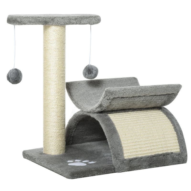 Árvore Arranhador para Gatos Pequena 43 cm Torre para Gatos com Poste Giratório Bolas Suspensas Plataforma Curva e Esconderijo 40x30x43 cm Cinza