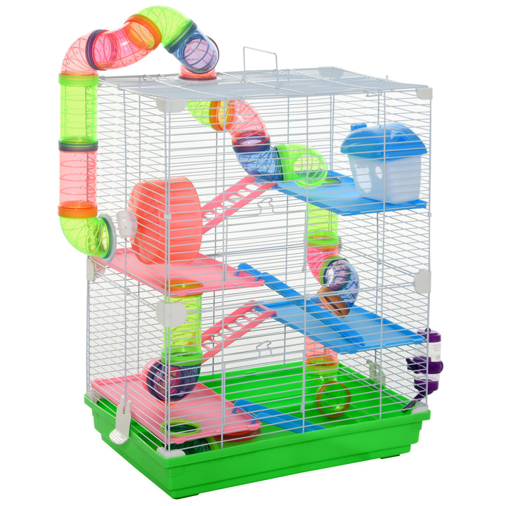 Gaiola para Hamster com 5 Plantas Escada Alimentador Bebedor Roda e Túnel 46x30x58cm Verde e Branco