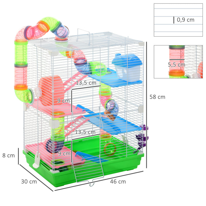 Gaiola para Hamster com 5 Plantas Escada Alimentador Bebedor Roda e Túnel 46x30x58cm Verde e Branco