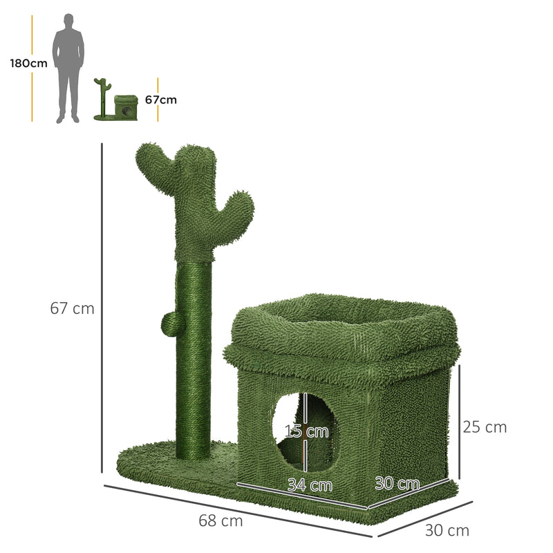 Árvore Arranhador para Gatos Desenho de Cacto Altura 83cm Torre para Gatos com Cama Casa de Pelúcia Poste de Sisal e Bola Suspensa 68x30x67cm Verde