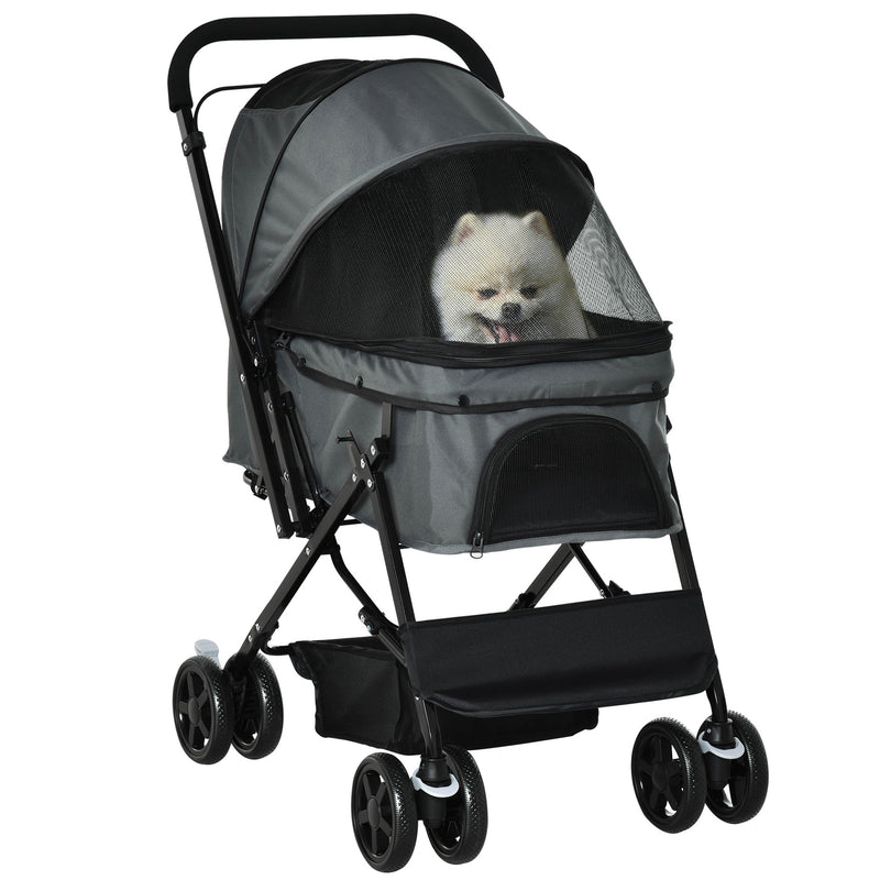 Carrinho para Animais de Estimação Dobrável Carro para Cães e Gatos com Capô Ajustável Cesta de Armazenamento Cinto de Segurança Tecido Oxford 600D Aço 76,5x52x95cm Cinza