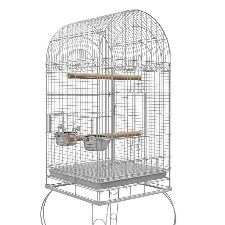 Gaiola para Pássaros com Rodas Gaiola para Pássaros com Bandeja Amovível Prateleira e 2 Comedouros de Aço Inoxidável e Poleiro para Periquitos Canários 51x51x153 cm Branco