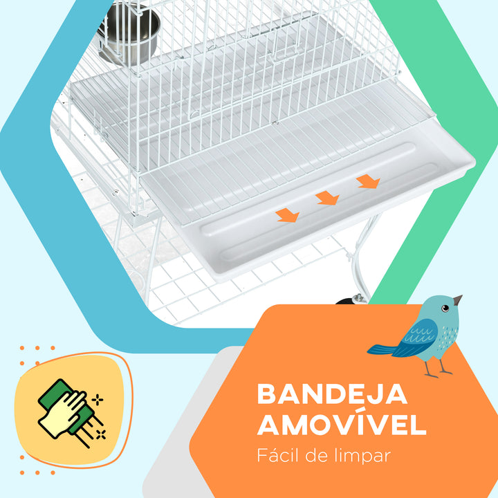 Gaiola para Pássaros com Rodas Gaiola para Pássaros com Bandeja Amovível Prateleira e 2 Comedouros de Aço Inoxidável e Poleiro para Periquitos Canários 51x51x153 cm Branco