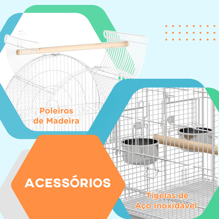 Gaiola para Pássaros com Rodas Gaiola para Pássaros com Bandeja Amovível Prateleira e 2 Comedouros de Aço Inoxidável e Poleiro para Periquitos Canários 51x51x153 cm Branco