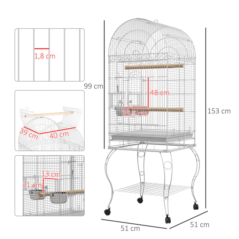 Gaiola para Pássaros com Rodas Gaiola para Pássaros com Bandeja Amovível Prateleira e 2 Comedouros de Aço Inoxidável e Poleiro para Periquitos Canários 51x51x153 cm Branco