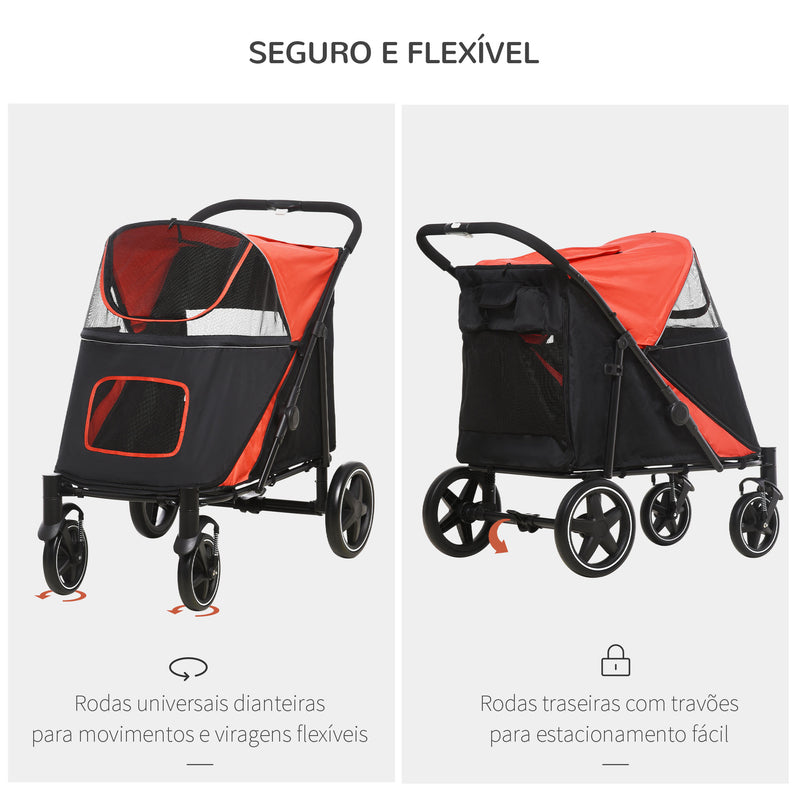 Carrinho para Cães Dobrável Carrinho para Animais de Estimação com Janelas de Malha Cinto de Segurança e Bolsos de Armazenamento Carga Máxima 40 kg 112x65x100 cm Vermelho