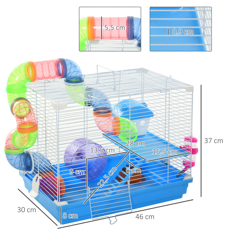 Gaiola para Hámster 46x30x37cm Gaiola para Roedores com Tubos Comedouro Bebedouro Rampa Roda de Exercícios e Alça Portátil para Interior e Exterior Multicor