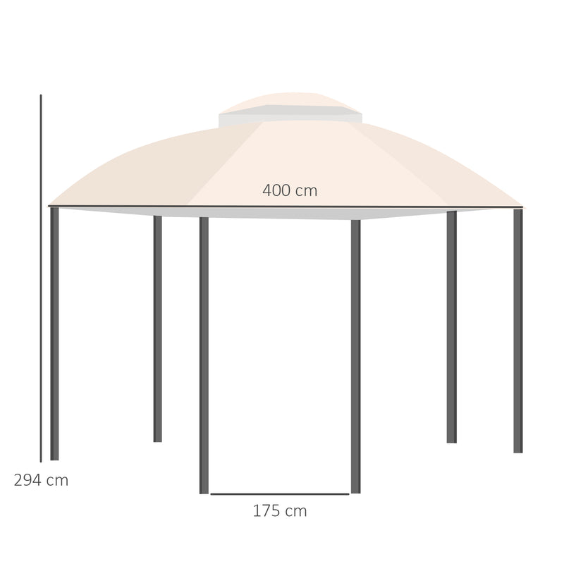 Pérgola de Jardim Hexagonal 4x4m Pérgola de Exterior com Teto Duplo de Ventilação 6 Telas Mosquiteiras com Zíper para Festas Pátio Cáqui