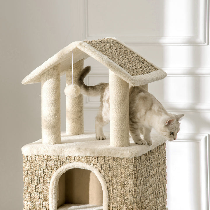 Árvore Arranhadora para Gatos Grande Altura 131cm com Caverna Postes de Sisal Natural Plataformas Bola Suspensa e Moinho de Vento de Brinquedo 69x40x131cm Bege
