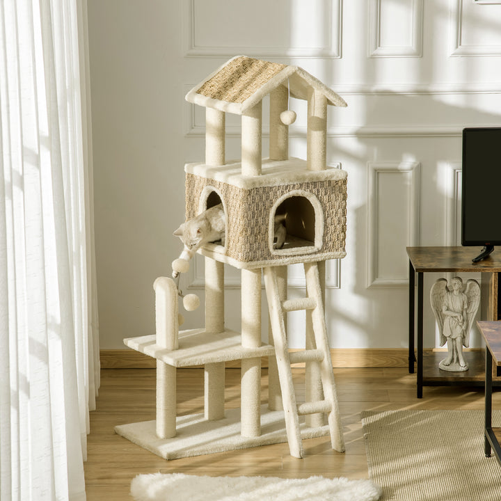 Árvore Arranhadora para Gatos Grande Altura 131cm com Caverna Postes de Sisal Natural Plataformas Bola Suspensa e Moinho de Vento de Brinquedo 69x40x131cm Bege
