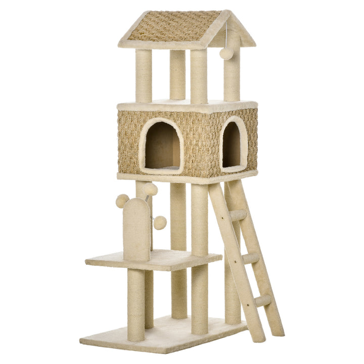 Árvore Arranhadora para Gatos Grande Altura 131cm com Caverna Postes de Sisal Natural Plataformas Bola Suspensa e Moinho de Vento de Brinquedo 69x40x131cm Bege