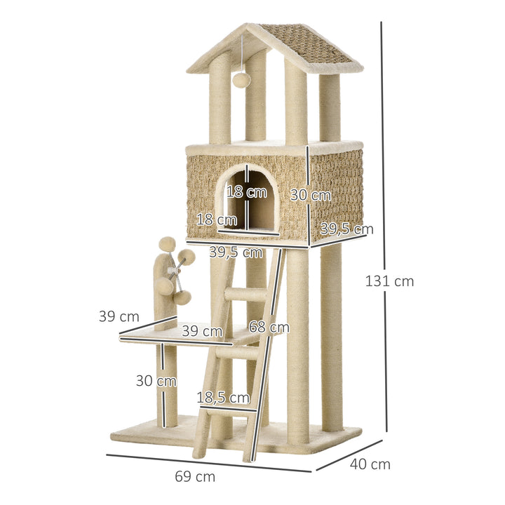 Árvore Arranhadora para Gatos Grande Altura 131cm com Caverna Postes de Sisal Natural Plataformas Bola Suspensa e Moinho de Vento de Brinquedo 69x40x131cm Bege