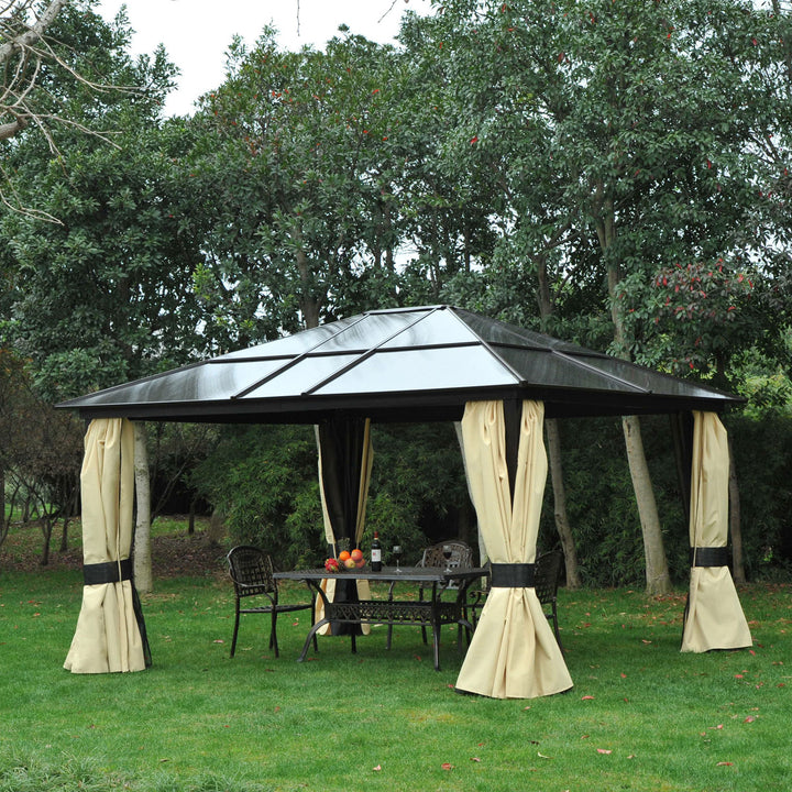 Pérgola de Jardim 4,3x3,6m Pérgola de Alumínio de Exterior com Teto de Policarbonato 4 Cortinas Laterais e 4 Telas Mosquiteiras com Zíper para Festas Eventos Marrom e Bege