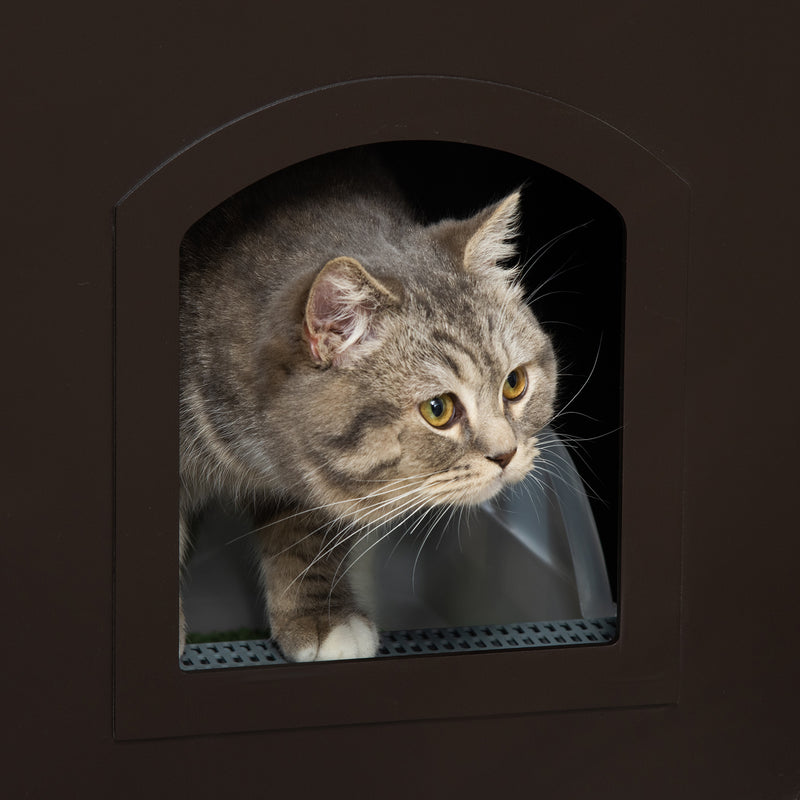 Casa para Gatos de Madeira Móvel para Caixa de Areia para Gatos 2 em 1 com Armário de Armazenamento Bancada Ampla Porta e 3 Janelas Cruzadas 48,7x53,3x53 cm Marrom