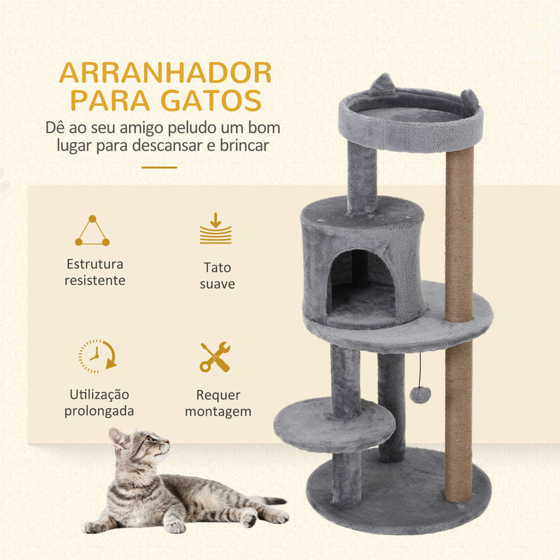 Árvore Arranhador para Gatos de 104 cm Arranhador para Gatos com Plataforma Caverna Postes de Sisal e Bola Suspensa 48x48x104 cm Cinza