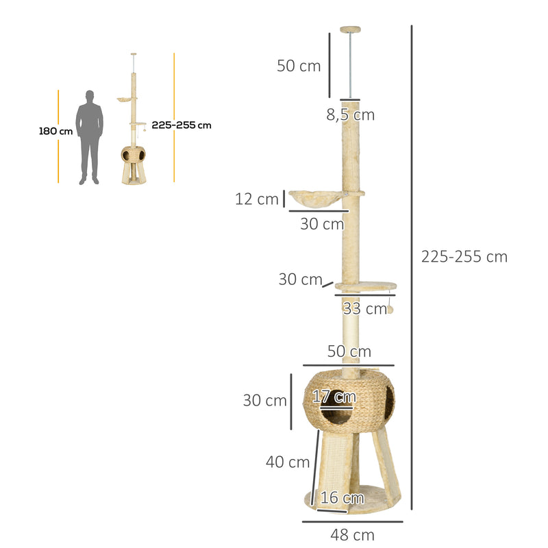 Arranhador para Gatos do Chão ao Teto de 225-255 cm Torre para Gatos com Altura Ajustável Caverna Plataformas Rede Postes de Arranhar Rampas e Bolas Suspensas Ø48x225-255 cm Bege