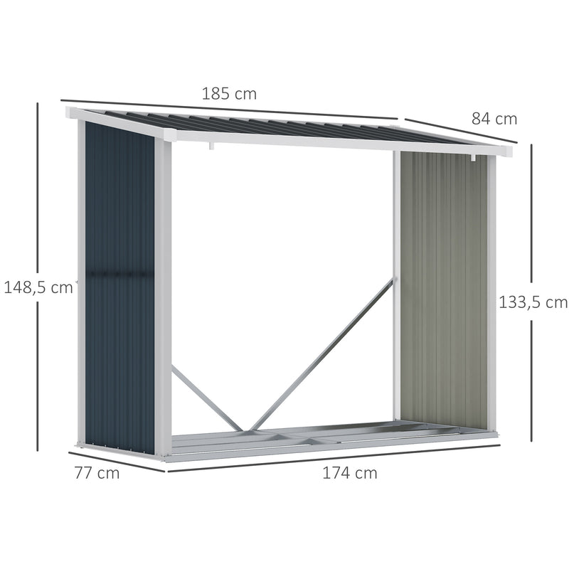 Abrigo para Lenha de Aço Galvanizado Abrigo de Armazenamento de Lenhas com Teto Inclinado para Jardim Terraço Exterior 185x84x133,5/148,5 cm Cinza