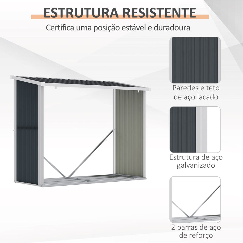 Abrigo para Lenha de Aço Galvanizado Abrigo de Armazenamento de Lenhas com Teto Inclinado para Jardim Terraço Exterior 185x84x133,5/148,5 cm Cinza