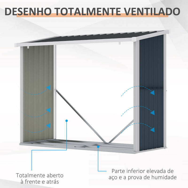 Abrigo para Lenha de Aço Galvanizado Abrigo de Armazenamento de Lenhas com Teto Inclinado para Jardim Terraço Exterior 185x84x133,5/148,5 cm Cinza