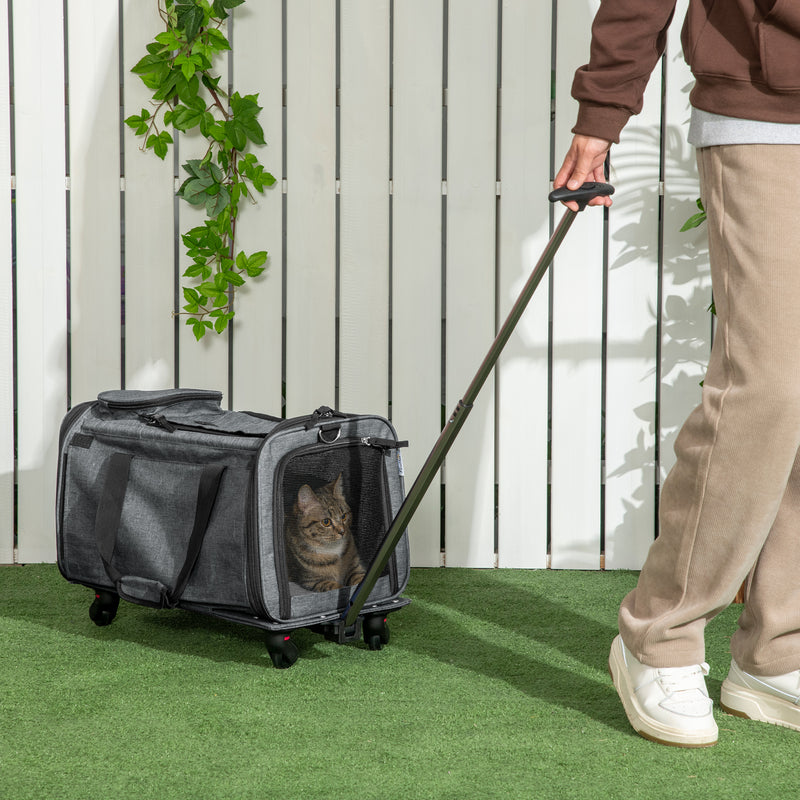 Transportadora para Animais de Estimação 4 em 1 com Rodas Bolsa de Transporte para Cães e Gatos com Cabo Telescópico de Alumínio 50x31x37 cm Cinza