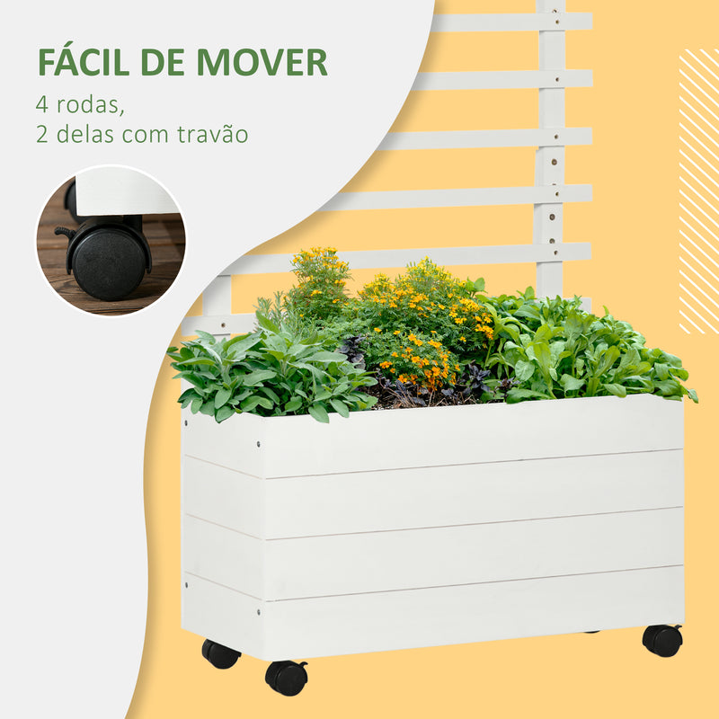 Floreira com Treliça de Madeira Maciça com 4 Rodas Caixa de Plantio com Suporte para Plantas Trepadeiras e Malha Geotêxtil para Cultivos de Plantas Flores 76x30x155 cm Branco