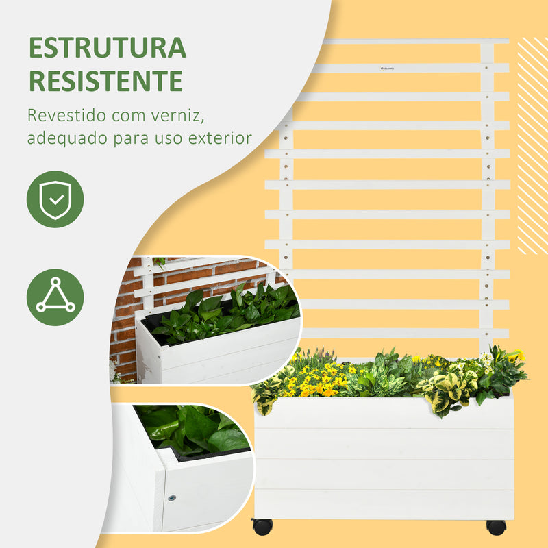 Floreira com Treliça de Madeira Maciça com 4 Rodas Caixa de Plantio com Suporte para Plantas Trepadeiras e Malha Geotêxtil para Cultivos de Plantas Flores 76x30x155 cm Branco