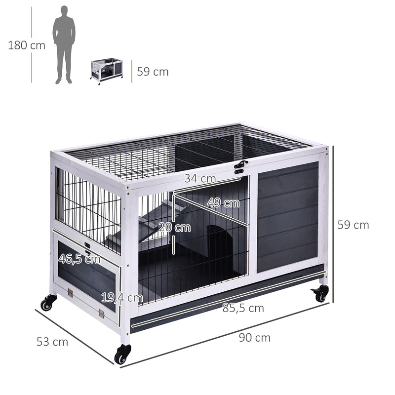 Coelheira de madeira gaiola para pequenos animais de estimação portátil com telhado de abertura rampa de bandeja removível para cobaias 90x53x59 cm cinza e branco