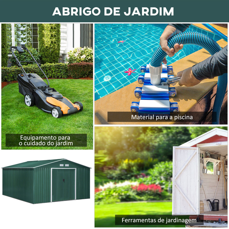 Abrigo de Jardim Metálico 340x386x200cm Abrigo de Exterior para Armazenamento de Ferramentas com Base Incluida 4 Janelas de Ventilação e Porta Corredeira Verde