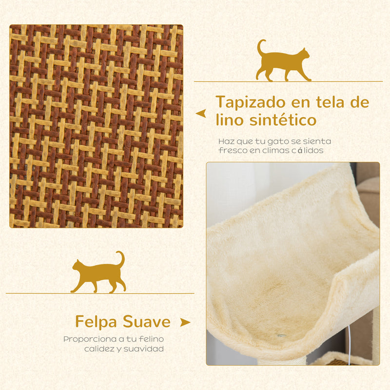 Árvore Arranhadora para Gatos 60x30x76cm com Cama de Linho Postes Arranhadores de Sisal Natural Plataforma Tipo Túnel Rampa e Brinquedos Suspensos Bege e Marrom